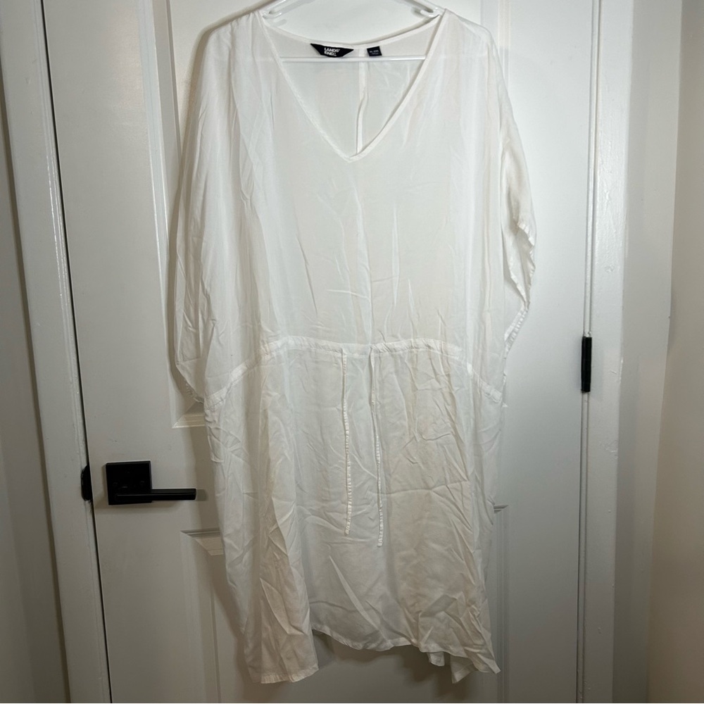 Lands' End White Modal Kaftan Swim Coverup XL-XXL Drawstring Waist - Picture 2 of 10